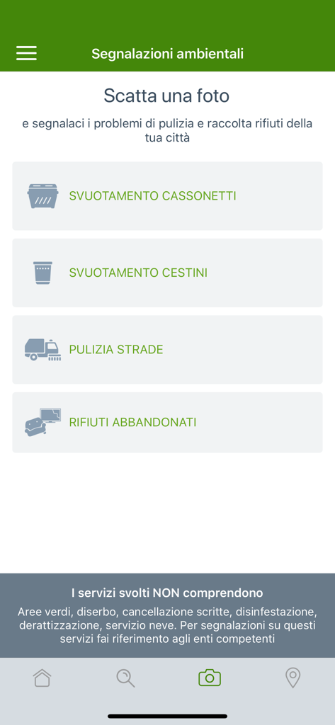 Interfaccia di segnalazione ambientale dell'app il Rifiutologo che mostra opzioni per la raccolta rifiuti e la pulizia stradale