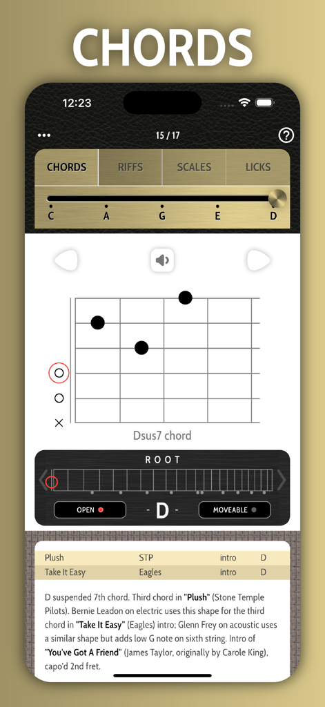 Ein Bildschirm einer Gitarren-App, der ein Dsus7-Akkorddiagramm mit Songreferenzen und einer Navigationskarte für das Griffbrett zeigt.