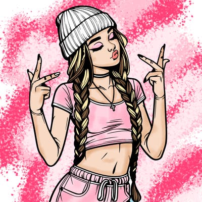 realistic teenage girl with braids and a beanie and crop top doing 🫶🏼