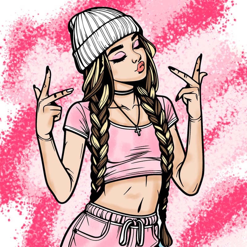 realistic teenage girl with braids and a beanie and crop top doing 🫶🏼
