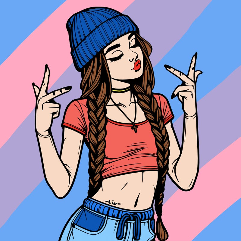 realistic teenage girl with braids and a beanie and crop top doing 🫶🏼