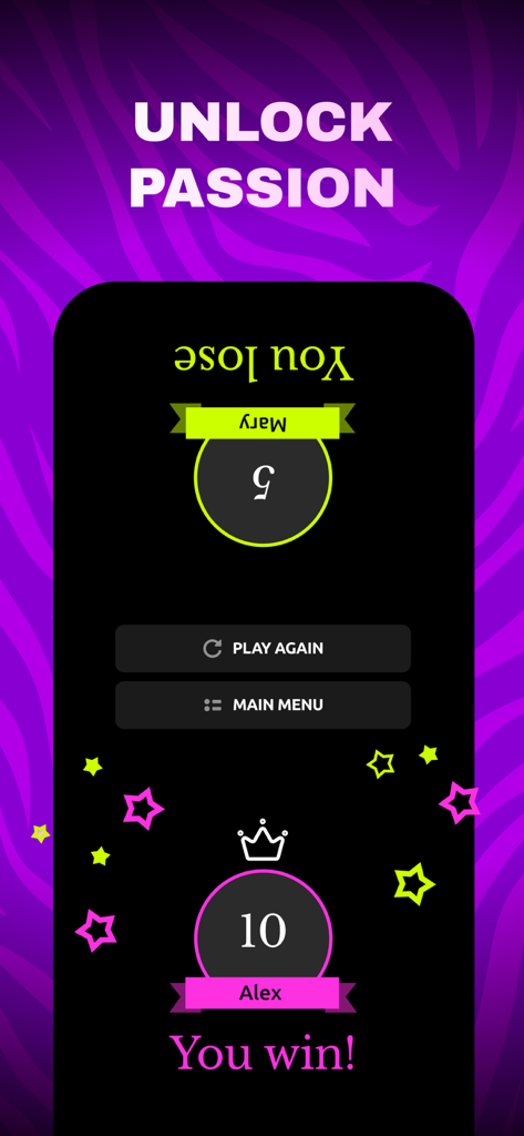 Uma tela de resultado de partida do aplicativo Jogos para Casais mostrando um jogador vencendo e outro perdendo com pontuações