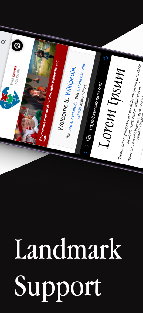 split screen - double window - Una pantalla de smartphone que muestra dos ventanas del navegador una al lado de la otra con texto de Wikipedia y Lorem Ipsum.