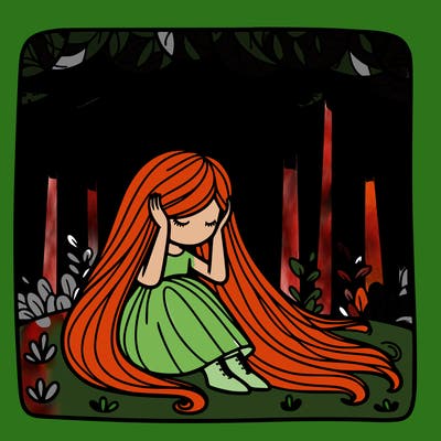 a girl with long flowing hair sitting down with her head in her hands in the middle of a calm forrest