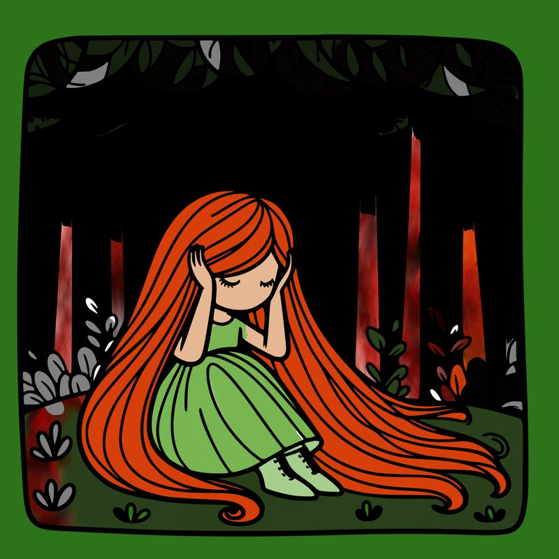a girl with long flowing hair sitting down with her head in her hands in the middle of a calm forrest