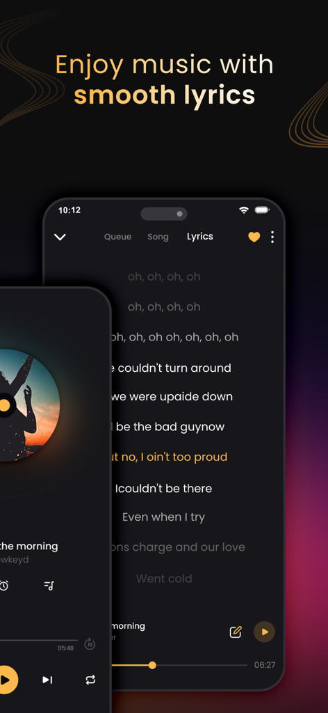 Music Player & MP3 Player ‣ - Interfaz de una aplicación reproductor de música que muestra letras de canciones sincronizadas en un teléfono móvil.