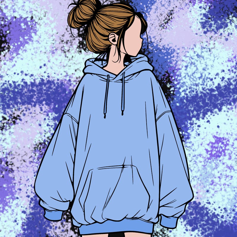 realistic girl with a oversized sweatshirt on and a bun