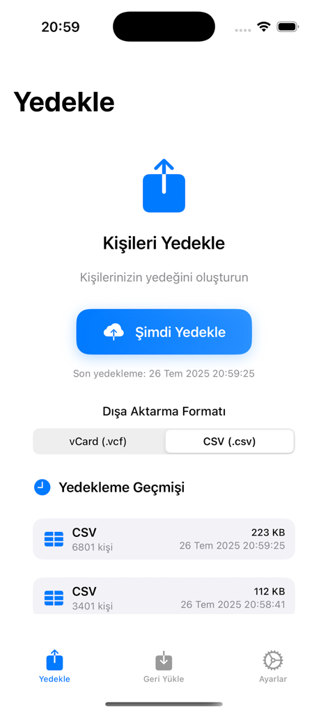Contacts Backup- 3000 - Mobile app interface for backing up phone contacts with options for vCard and CSV export formats