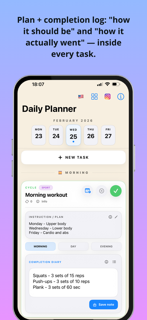 Daily Planner: No Subs Apps - Interfaz de la aplicación Daily Planner que muestra el registro de finalización del plan frente al real para una tarea de entrenamiento.