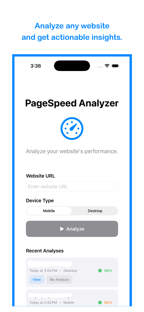 Pantalla de inicio de la aplicación PageSpeed Analyzer que muestra la entrada de URL del sitio web y los resultados recientes del análisis de rendimiento