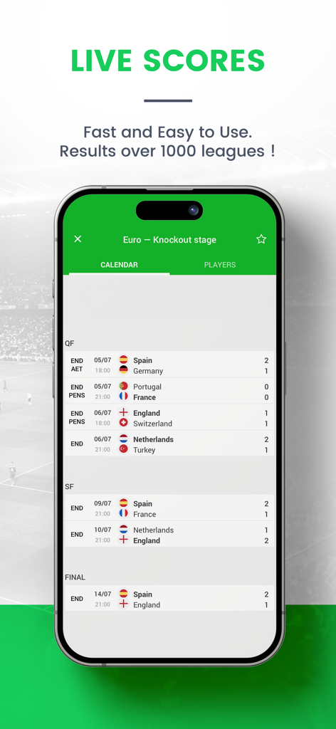 Live Soccer Scores -Skores - Smartphone screen showing live soccer scores and knockout stage results for international leagues in the Skores app.