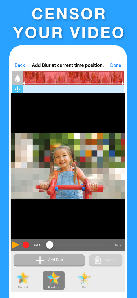 Blur Video & Photo BlurEffect - Mobile app interface showing a pixelated video background used to censor content for privacy.