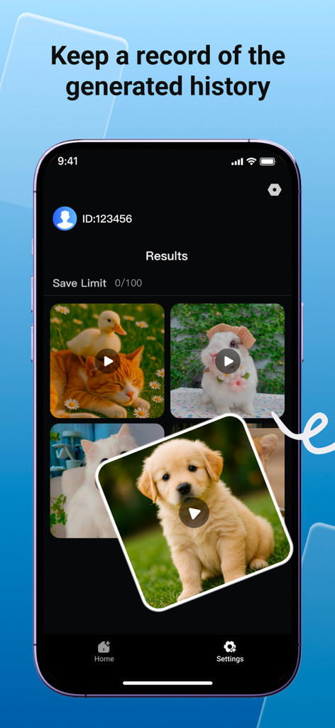 VidMax-AI Reshape,Photo,Video - VidMax app screen showing a gallery of AI generated pet videos in the results history section