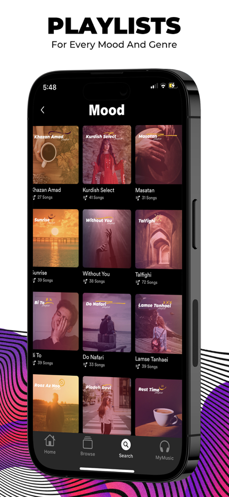 Navahang - Navahang app interface displaying a collection of Persian music playlists organized by mood