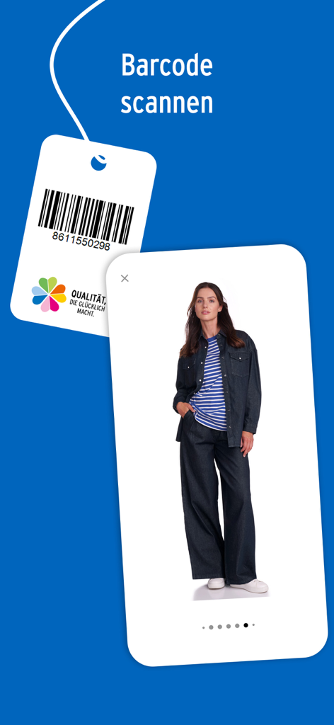 Mobile App-Bildschirm, der eine Barcode-Scanner-Funktion mit einem Produktbild einer Frau in Jeansmode zeigt