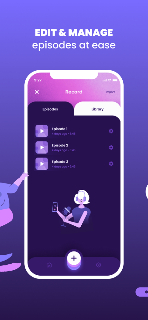 Podcast Maker: Audio Editor - Mobile Benutzeroberfläche der Podcast Maker-App, die eine Liste aufgenommener Episoden zur einfachen Verwaltung und Bearbeitung anzeigt.