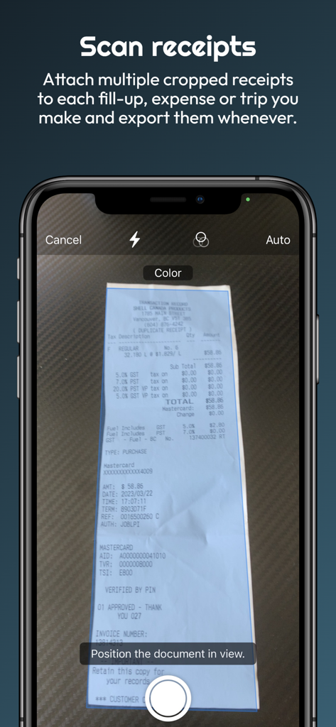 Smartphone-Kamera-Oberfläche, die einen Tankbeleg in der Autolog Auto-App scannt.