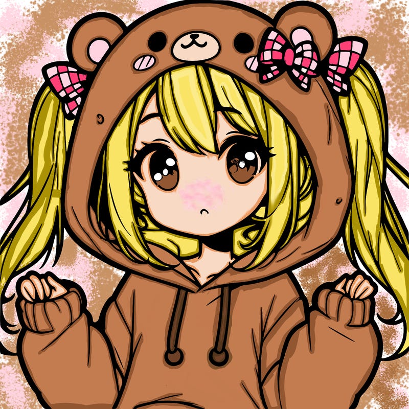 cute anime girl with ponytails and a cute bear hoodie