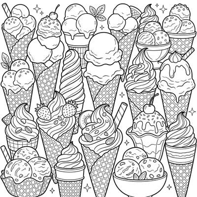 Explore a delightful full-scene coloring page brimming with an assortment of ice cream and gelato cones, perfect for a sweet artistic escape. This intricate design features various treats in wafer and waffle cones, promising hours of engaging and delicious fun.