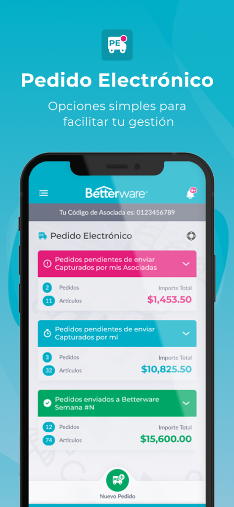 Aplicación Betterware Plus mostrando el panel de gestión electrónica de pedidos en un iPhone