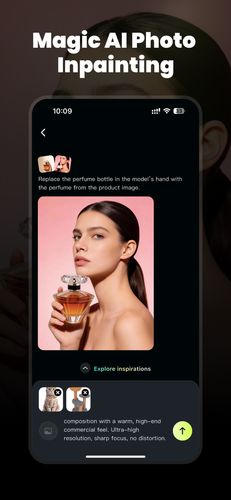 PixelSell-AI E-commerce Studio - PixelSell app interface showing magic AI photo inpainting feature to replace a product in a model's hand