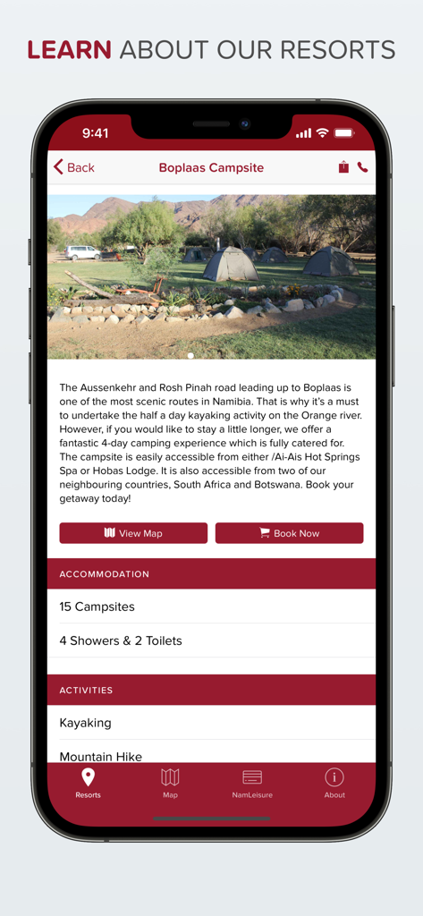NWR – Namibia Wildlife Resorts - NWR app screen detailing Boplaas Campsite accommodation and activities in Namibia