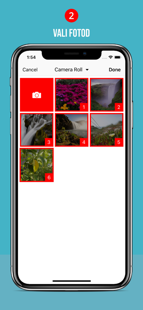 Ein Smartphone-Bildschirm, der die Photopoint Photoexpress App anzeigt, auf der ein Benutzer mehrere Fotos aus seiner Kamerarolle zur Bestellung von Drucken auswählt