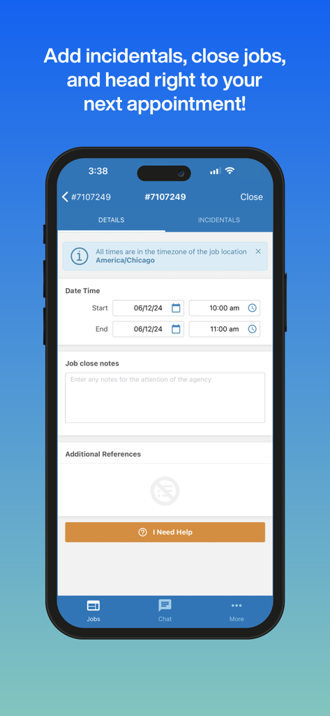Interpreter Intelligence mobile interface for closing jobs and managing incidentals