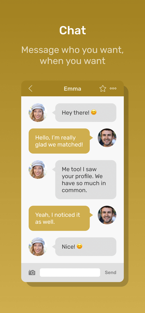 일치한 남성과 여성 간의 메시지 대화를 보여주는 기독교 라이프스타일 데이트 앱 내 채팅 인터페이스