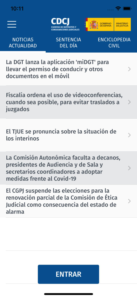 CDCJ Justicia - Feed de noticias de la aplicación CDCJ Justicia mostrando actualizaciones legales y un botón de inicio de sesión.