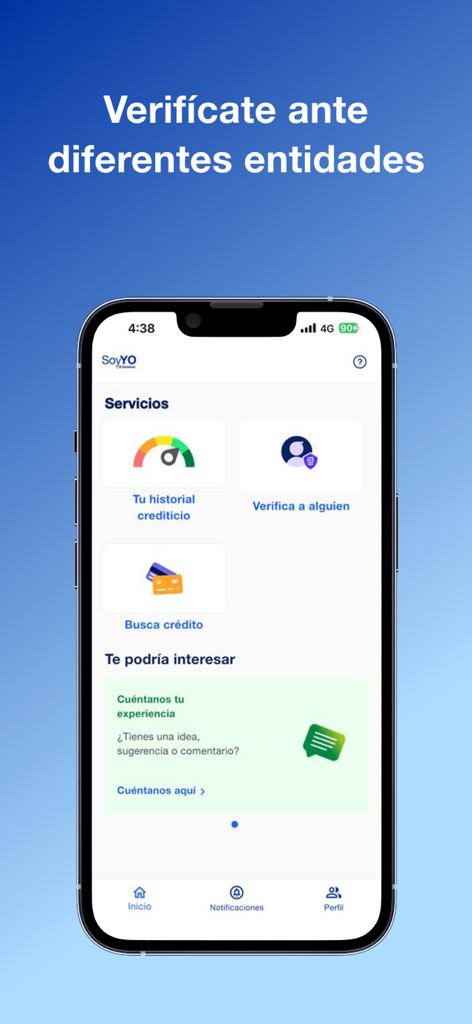 SoyYo - Identidad Digital - SoyYo app interface showing various digital services including credit history and identity verification on a smartphone