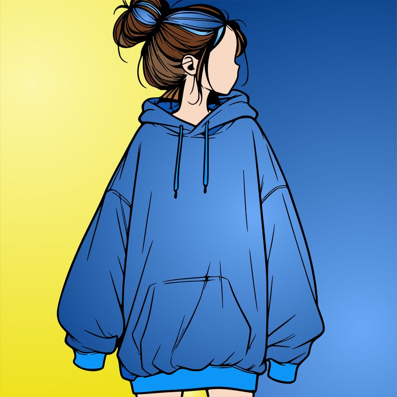 realistic girl with a oversized sweatshirt on and a bun