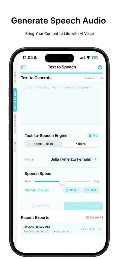 On-Device AI: TTS, STT & Chat - Oberfläche der Text-zu-Sprache-Funktion der On-Device AI mobilen App mit Auswahl der Stimme und Geschwindigkeitseinstellungen.