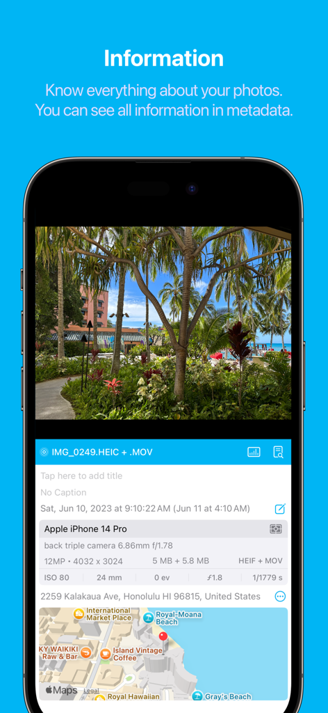 HashPhotos - HashPhotos app displaying detailed photo metadata camera settings and a location map