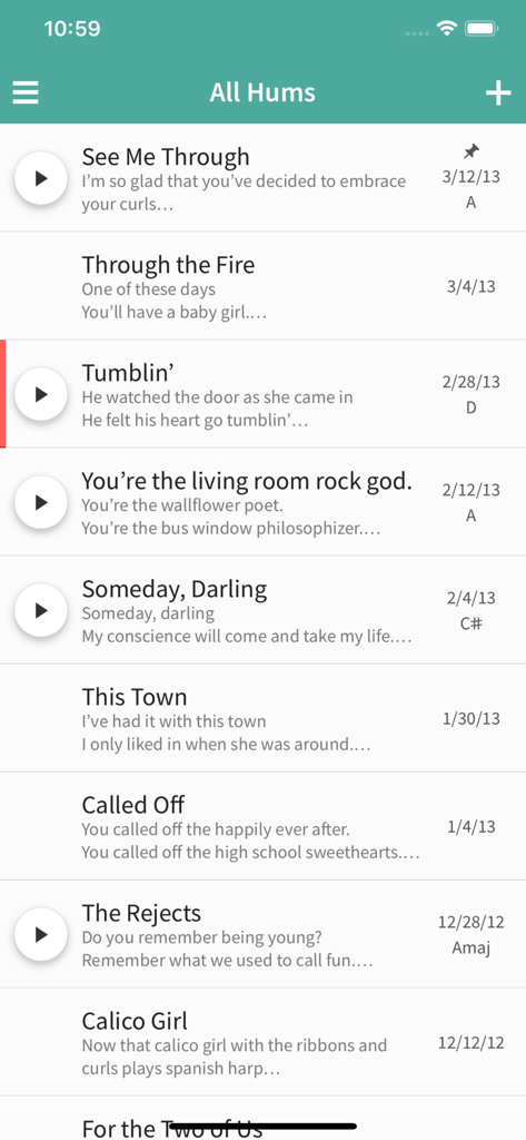 Hum 앱의 노래 초안 목록으로 제목, 가사 발췌문, 음표가 표시됩니다.