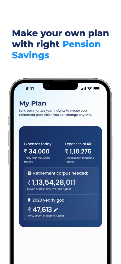 NPS by PensionBox - A retirement planning screen in the PensionBox app showing projected expenses at age 60 and the total retirement corpus needed in Indian Rupees.