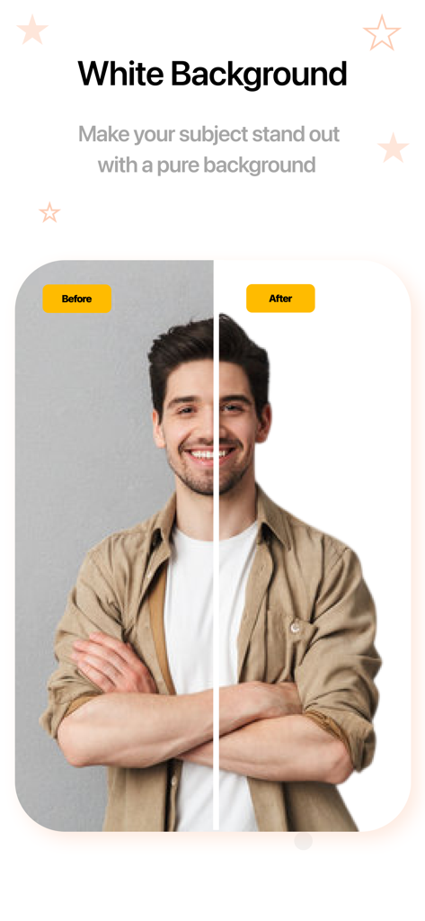 Remove BG - Background Eraser. - 남성 인물 사진의 배경을 단색 흰색으로 변경한 이전 및 이후 비교.
