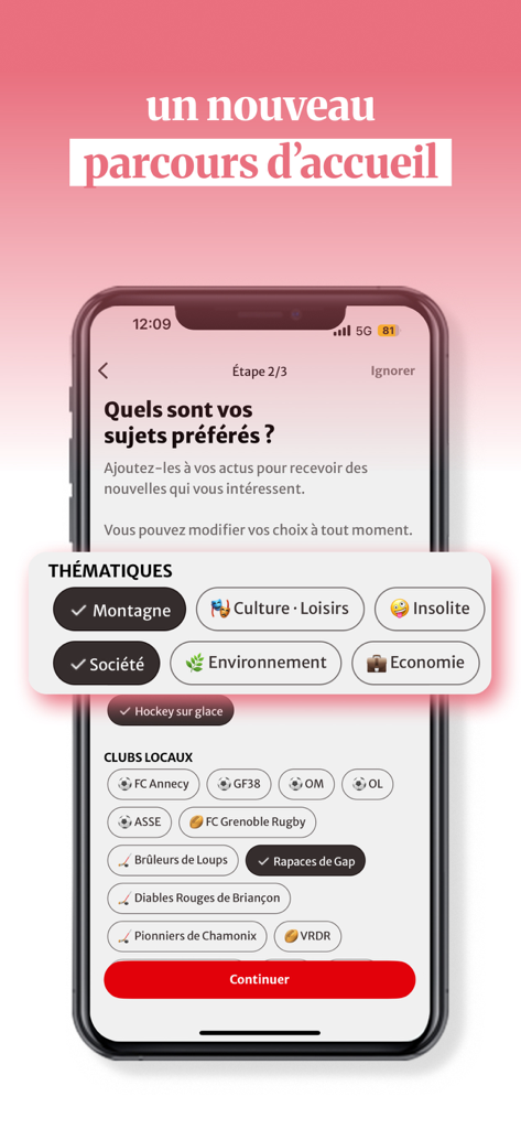 Le Dauphiné Libéré, actualités - Mobile screen showing the onboarding process of the Le Dauphine Libere app where users select their favorite news topics and local sports clubs.