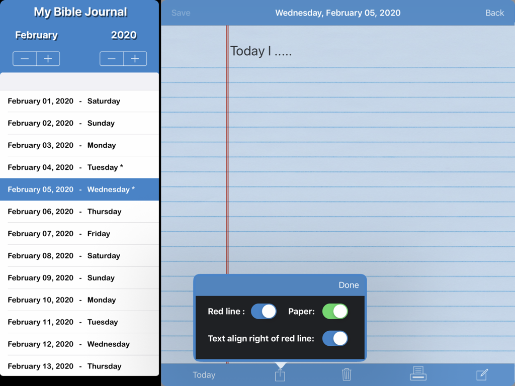 My Bible Journal - Interface of the My Bible Journal app on iPad featuring a list of daily entries and a digital journaling page with customization settings.