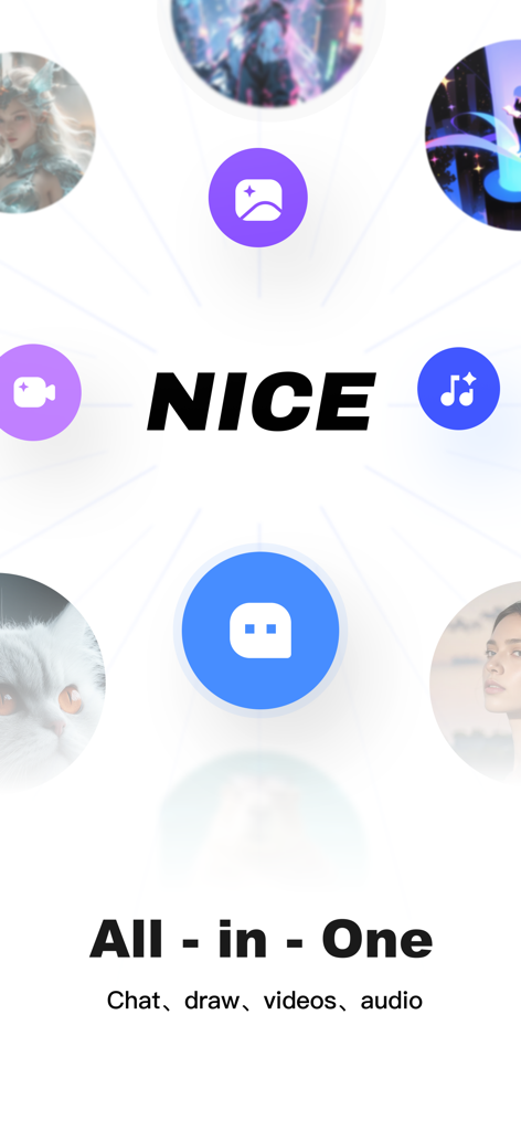 Nice AI Spark - Nice AI Spark splash screen showing all in one tools for chat drawing video and audio