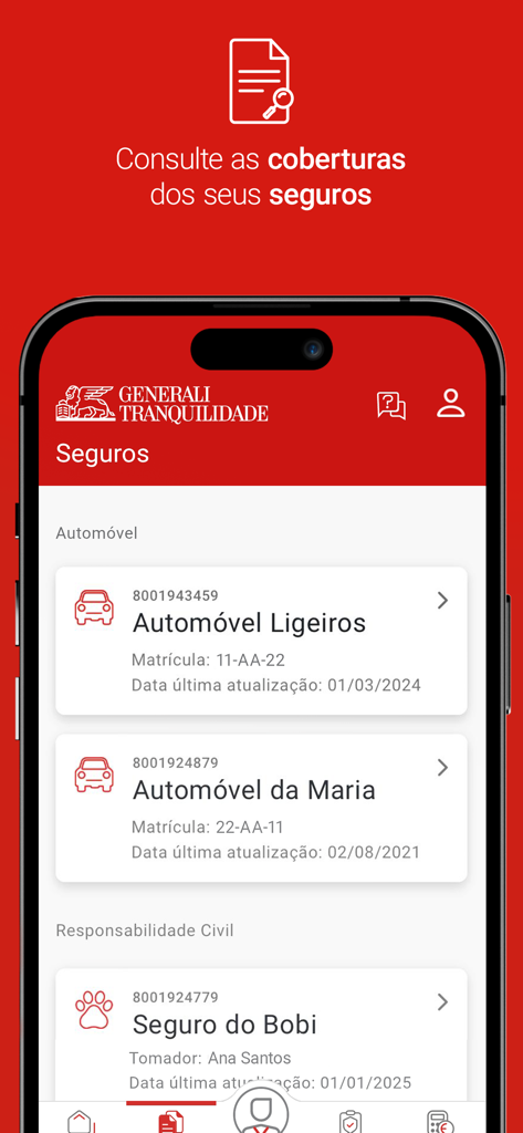 Generali Tranquilidade mobile app screen showing a list of car and pet insurance policies