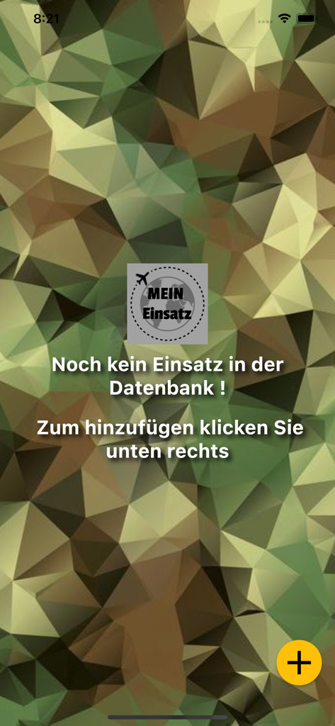 meinEinsatz-AVZ - Écran de démarrage de l'application meinEinsatz-AVZ avec un fond de camouflage et un bouton pour ajouter un déploiement.