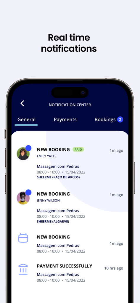 sheerME Pro - Captura de tela do centro de notificações do aplicativo sheerME Pro mostrando alertas em tempo real para novos agendamentos e pagamentos bem-sucedidos