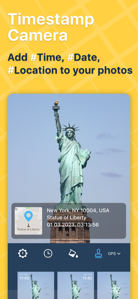 Timestamp Camera app interface showing a photo with date time and GPS location overlay