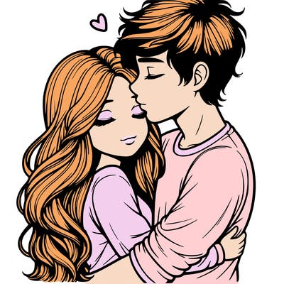 a realistic couple boy and girl hugging and kissing