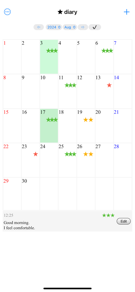 Toilet Diary (bowel) - Tela do aplicativo Diário do Vaso Sanitário mostrando um calendário mensal com classificações por estrelas de evacuações e notas de status