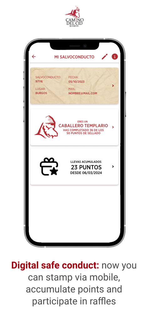 Digitaler sicherer Geleitbrief-Bildschirm in der Camino del Cid App zeigt gesammelte Stempel und Punkte für Reisende