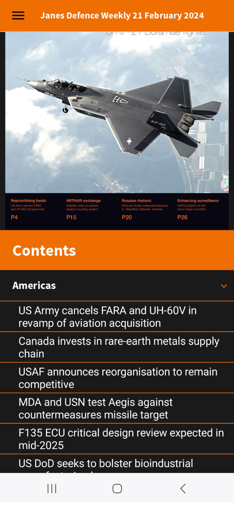 Janes Magazines app interface showing the Janes Defence Weekly edition with defense and military intelligence articles