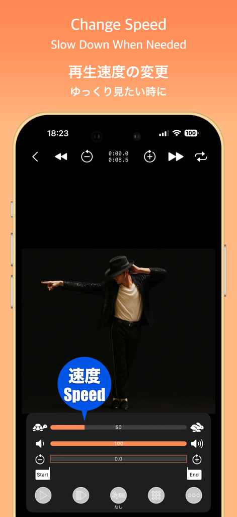 SymPlayer - Master Movement - - スローモーション練習用の再生速度調整スライダーとダンサーを表示するSymPlayerアプリのインターフェース