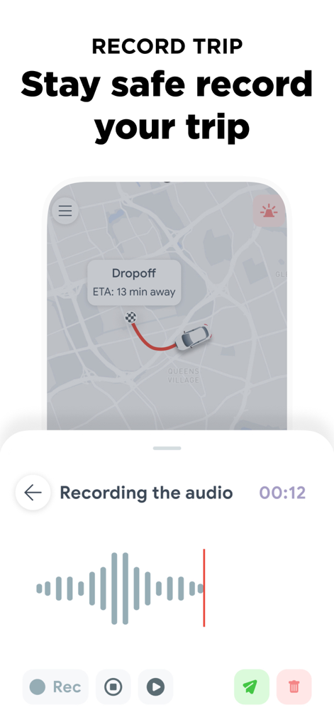 Uride Passenger app screen showing the audio trip recording safety feature with a live waveform